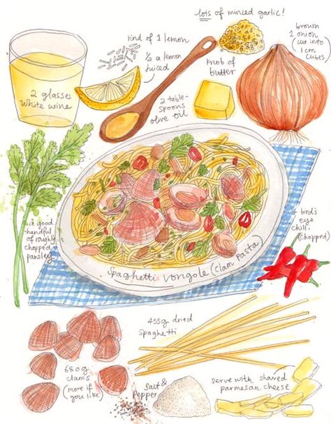 Spaghetti Vongole, Clam Pasta, Pasta Art, Recipe Drawing, Watercolor Food, Illustration Noel, Thanksgiving Food, Illustration Food, Food Illustration