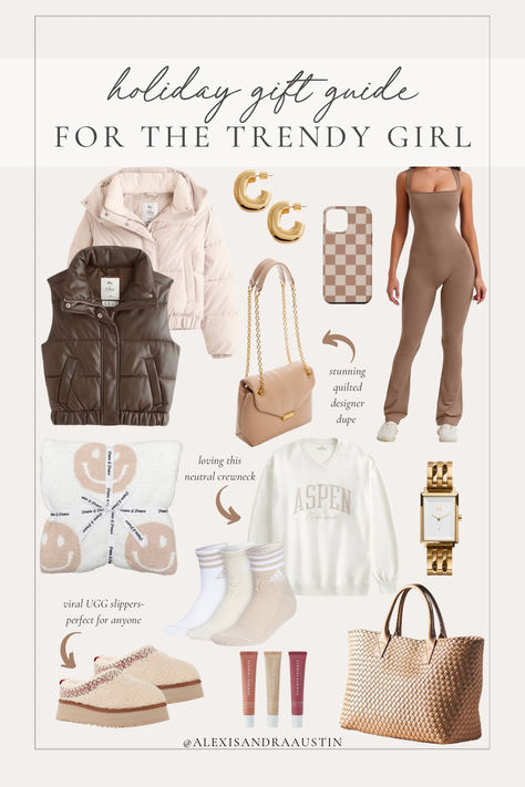 Holiday gift guide for the trendy girl! Gift guide, neutral Christmas vibes, trending gifts, puffer vest, gold detail, cozy finds, neutral gift, Christmas gift guide, found it on Amazon, Abercrombie, Anthropologie, Ugg, aesthetic finds, cozy slippers, throw blanket, beige aesthetic, shop the look! Friend Gifts For Christmas, Christmas Gift Ideas For College Girl, Aesthetic Christmas Gifts, Christmas Wishlist Ideas Women, Christmas Pajama Set Target, 2024 Christmas List, Affordable Cozy Christmas Sweater, Christmas Gift Ideas For Women, Cute Christmas Graphic Print Sweatshirt