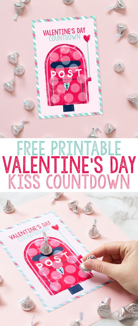 Such a cute and easy Valentine's Day idea... print out this little card, glue Hershey's Kisses to the circles, then you have a cute Valentine's Day countdown calendar! Hershey Kiss Valentine, Valentine Day Kiss, One Kiss, Valentine Day Boxes, Free Printable Cards, Valentines Day Funny, Valentine's Day Printables, Printable Valentine, Day Countdown