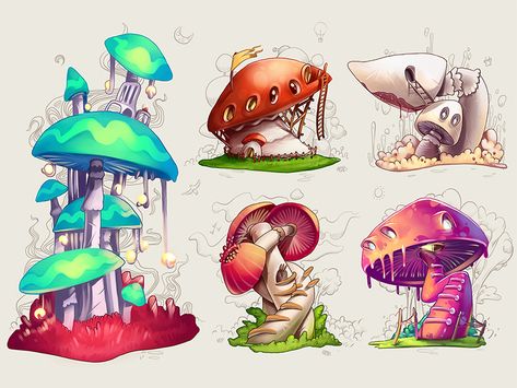 Hi dribbblers,  New concepts for indie-game are already here. Hope you like this mushroom-like houses and chose one for yourself :)  Check the real-size images and process in attachment Dnd Mushroom, Drawing Environments, Kinoko Kingdom, House Drawings, Dope Pics, Learning Art, Pikachu Wallpaper, Mushroom Drawing, Digital Landscape