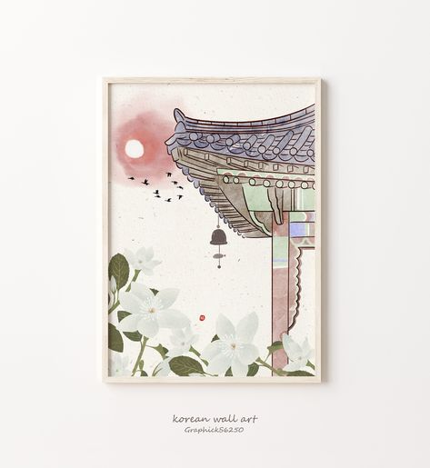 Korean wall Art, Korean art print, Korean art poster, Korean Art Wall,Korean home decor, Korean wall decor Korea Watercolor Painting, Korean Art Prints, Korean Culture Drawing, Korean Architecture Drawing, Korean Painting Ideas, Korean Illustration Aesthetic, Korean Painting Aesthetic, Korea Art Draw, Korean Art Aesthetic