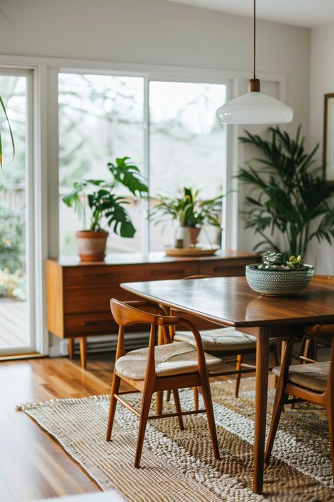 Minimal Dining Room Ideas, Diy Mid Century Modern Table, Mid Century Natural Decor, Mid Century Wooden Furniture, Dining Chairs Mid Century Modern, Mid Century Eclectic Dining Room, Mid Century Modern Dining Room Rug, Dining Room Table Mid Century Modern, Mid Century Modern Table Decor