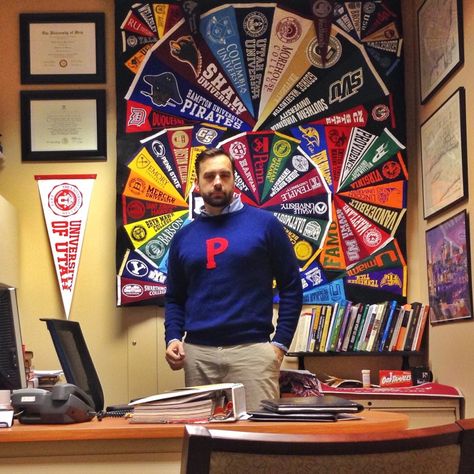 Rah Rah: How I Built My College Pennant Collection                                                                                                                                                                                 More High School Bulletin Board Ideas, Apartment Decorating College, School Counseling Bulletin Boards, Guidance Office, College Advising, Vintage Pennants, College Pennants, College Bulletin Boards, College Counselor