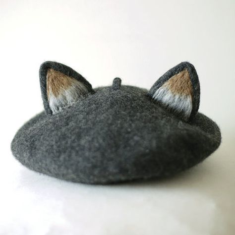 Dark Grey Cat Ears Beret (Women / Girl /Boy )| Handmade Needle Felt French Beret Cute wool BERETS in French style Cat Ear Beret, Kawaii Hat, Felt Beret, Wolf Ears, Painter Hat, Fox Decor, French Beret, Fox Ears, Berets Cap