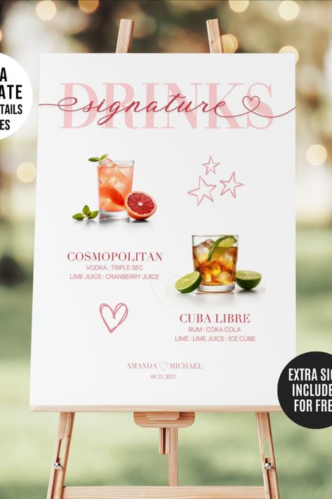 This signature drinks sign template includes a list with 230 popular wedding cocktails with ingredients and measurements. It also includes over 300 high resolution images ready for printing. Signature Drink Menu, Menu Signs, Wedding Bar Menu Template, Drink Wedding, Menu Drink, Signature Wedding Drinks Sign, Wedding Drink Menu, Signature Drink Sign, Signature Cocktail Sign