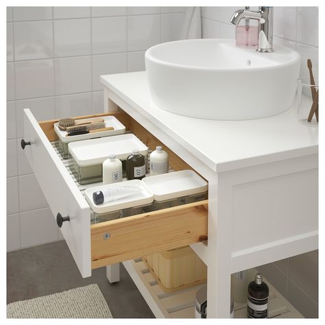 IKEA HEMNES / TORNVIKEN White, Voxnan Faucet Open sink cabinet with 17¾" sink Basin White, Ikea Bathroom, Wash Stand, Ikea Hemnes, White Vanity Bathroom, Sink Countertop, Design Line, Glass Cabinet Doors, Apartment Bathroom