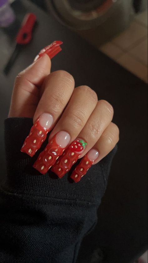 Long Strawberry Nails, 3d Strawberry Nails, Short Strawberry Nails, Beauty Bingo, Strawberry Acrylic Nails, Strawberry Nails Acrylic, Strawberry Nails Designs, Strawberry Shortcake Tattoo, Strawberry Shortcake Nails