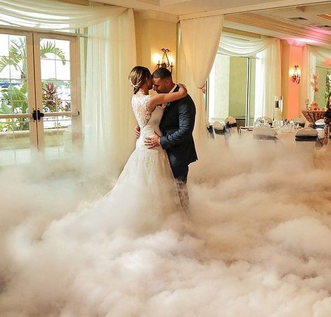 A couple's first dance on a cloud of fog - lit in their wedding colours. Cloud Party, Wedding First Dance, Dance Floor Wedding, Dry Ice, Developmental Milestones, Something Unique, Ice Dance, First Dance, Dance Floor