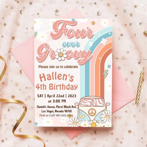 $3.08 | Four Ever Groovy Retro Boho Rainbow 4th Birthday - retro, daisy, boho, pink, floral, hippie, rainbow, pastel, birthday, groovy Rainbow First Birthday, Rainbow Birthday Invitations, Rainbow Invitations, Pastel Birthday, Retro Daisy, 2nd Birthday Invitations, Rainbow Pastel, Boho Pink, Groovy Retro