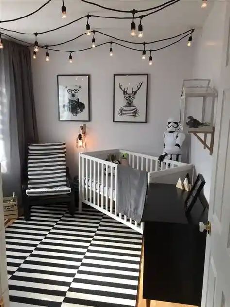 Black White And Gray Nursery, Black And White Boy Nursery, Monochrome Nursery Boy Rooms, Nursery Ideas Black And White, Nursery String Lights, Monochrome Nursery Girl, Monochromatic Nursery, Monochrome Baby Room, Black Nursery Ideas