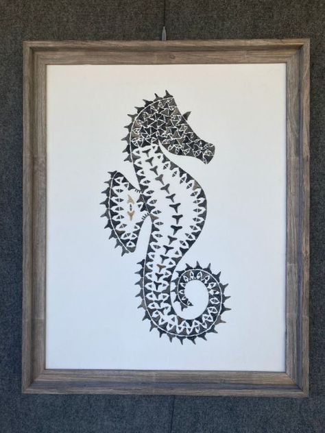 Seahorse large - Shark Teeth Fine Art - Crafts & Other Art, Mosaics - ArtPal Shark Tooth Crafts, Shark Tooth Art, Shark Teeth Art, Shark Teeth Crafts, Tooth Art, Sharks Teeth, Teeth Art, Shark Art, Sea Crafts