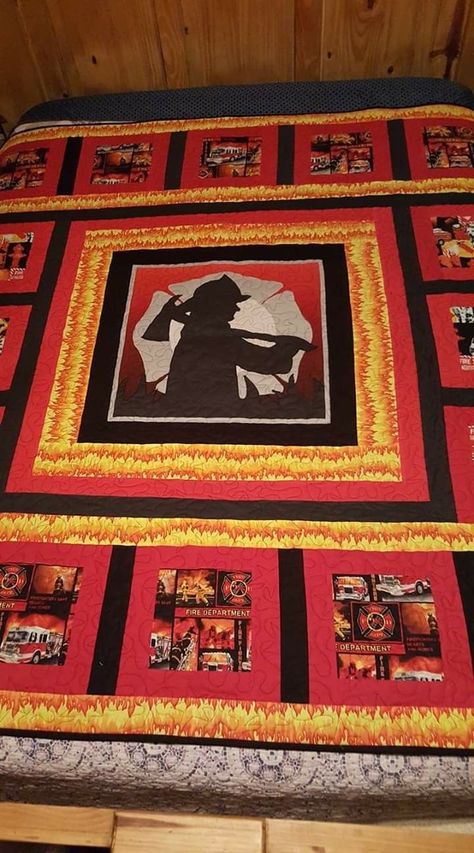 Firefighter/Paramedic Quilt Source: Heidi Steinmetz Lee Firefighter Quilts, Firefighter Quilt, Fireman Quilt, Rustic Wooden American Flag, Beginner Quilting Projects, Beginner Quilting, Firefighter Art, Firefighter Baby, Firefighter Paramedic