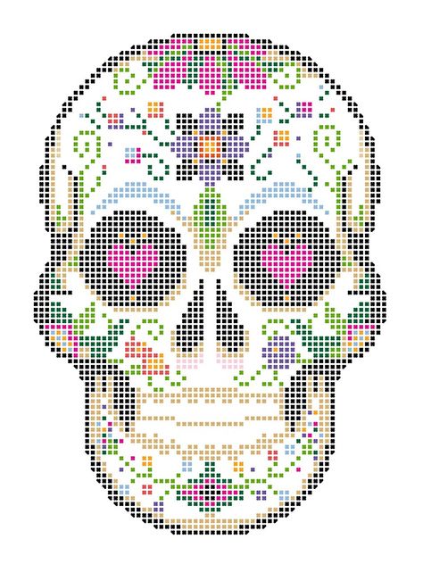 "Create a Real Stitchery - Pixel Art - Day of the Dead, Cinco de Mayo, Calavera, Dia de los Muertos - Sugar Skull - Candy Skull Make Up Face Paint Design" Baby One-Piece by XStitchPatterns | Redbubble Creative Darning, Make Up Face, Image Pixel Art, Candy Skull, Skull Crafts, Halloween Cross Stitch Patterns, Beadwork Designs, Halloween Cross Stitches, Paint Design