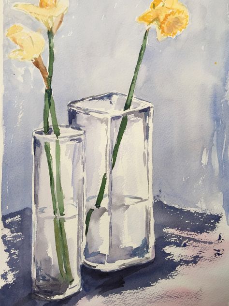 Daffs in glass vase 23.3.2018 Clear Vase Painting, Glass Vase Drawing, Glass Vase Painting, Flower Vase Drawing, Water Paintings, Emil Nolde, Acrylic Flower Painting, Long Stem Flowers, Piskel Art