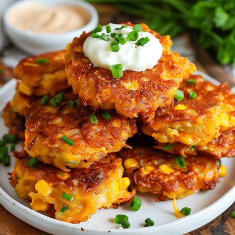 Delicious and easy corn fritters made with fresh corn kernels. Perfect for any meal, ready in under 30 minutes. Fresh Corn Fritters, Corn Meat Fritters, Cheesy Corn Fritters, Corn Ideas, Barbeque Shrimp, Corn Fritters Recipe, Corn Recipes Side Dishes, Corn Fritter Recipes, Easy Corn