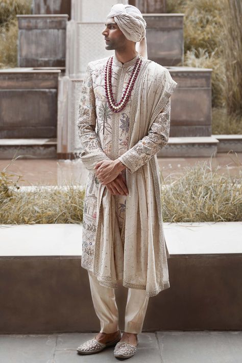 Matsya Men | Cream Udaibagh Sherwani And Kurta Set | INDIASPOPUP.COM Sabyasachi Men, Dori Work, Wedding Outfits For Groom, Sherwani Groom, Sherwani For Men, Kurta Men, Men Cream, Indian Men Fashion, Groom Outfit