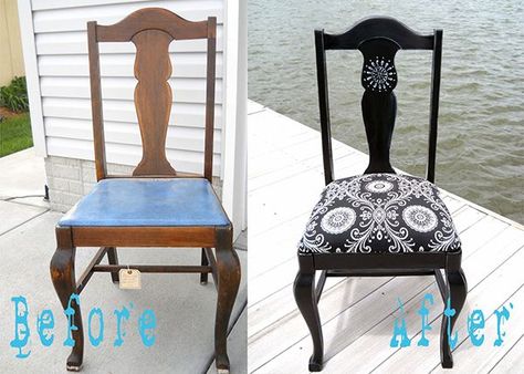 15 Most Amazing Before and After Chair Makeover Ideas                                                                                                                                                                                 More Chair Makeover Ideas, Dining Chair Makeover, Reupholster Chair, Chair Makeover, Old Chairs, Painted Chairs, Makeover Ideas, Diy Chair, Chair Upholstery