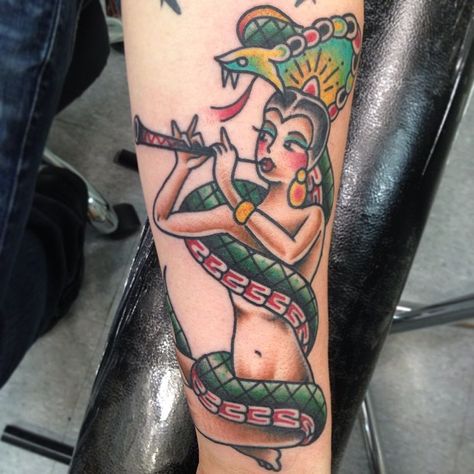 http://instagram.com/tonysilvatattoo Snake Charmer Tattoo, Sailor Jerry Flash, Traditional American Tattoo, Sailor Jerry Tattoo, Snake Lady, Jerry Tattoo, Tooth Tattoo, Sailor Jerry Tattoos, Evansville Indiana