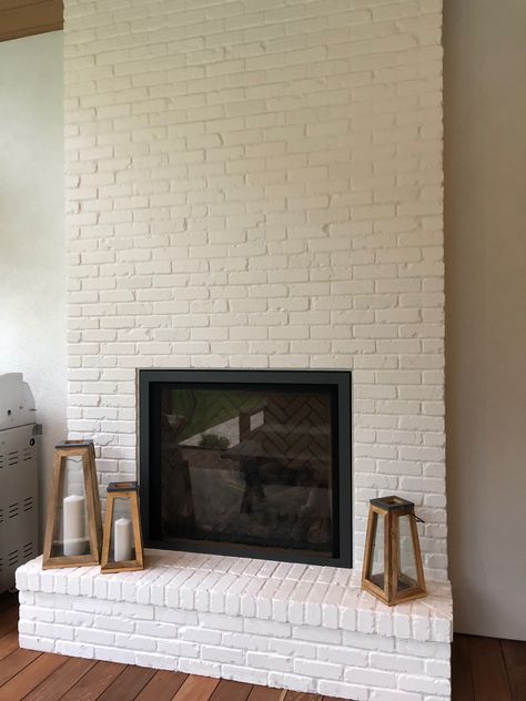 White Brick Chimney, Painted Brick Interior Wall, White Fireplace Brick, Wood Cabin Exterior, Painted Brick Interior, White Chimney, Brick Painted White, Cabin Great Room, Brick Chimney Breast