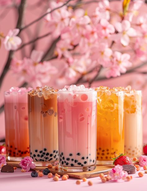 Bubble Tea Variety in Soft Natural Light Bubble Tea Background, Backlit Photo, Ice Matcha, Matcha Bubble Tea, Natural Morning, Bubble Tea Flavors, Sakura Trees, Inspirational Digital Art, Ads Creative Advertising Ideas