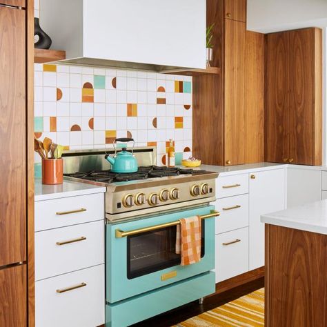 Modern Colorful Kitchen, Midcentury Modern Kitchen, Blue Range, Mcm Kitchen, Colorful Kitchen, Walnut Cabinets, Handmade Tile, Mid Century Modern Kitchen, Design Remodel