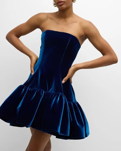 B9AYM Bach Mai Volant Strapless Velvet Mini Dress Blue Velvet Short Dress, Puffy Dresses Short, Short Dress Wedding Guest, Strapless Dress Short, Short Puffy Dresses, Bodycon Dress Pattern, Strapless Short Dress, Event Attire, Velvet Dress Short