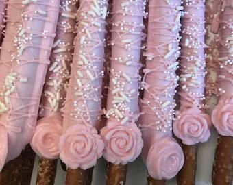 Pink Dipped and Drizzled Rice Krispies with White Sprinkles | Etsy Pink Chocolate Covered Pretzels, Chocolate Covered Pretzels Rods, Diy Party Background, Decorated Pretzels, Covered Pretzel Rods, Cotton Candy Cakes, Chocolate Covered Pretzel, Edible Roses, Chocolate Covered Pretzel Rods