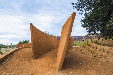 Recycled Materials, Architecture, recycled wood, rammed earth walls, mexico, winery, native plants, thermal mass, Gallery, carousel showcase, guadalupe valley, timber slats, Valle de Guadalupe, BRUMA winery, TAC Taller de Arquitectura Contextual, weathered timber Felix Candela, Earth Architecture, Rammed Earth Homes, African House, Rammed Earth Wall, Mud House, Valley Landscape, Rammed Earth, Earth Homes