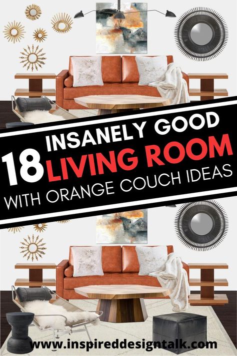 wow This is the best resource for orange couch living room ideas I have found. So grateful Nicole posted this! I love the orange leather sofa so much! Rust Sofa Living Room Ideas, Rust Sofa Living Room, Living Room With Orange Couch, Orange Couch Living Room Ideas, Orange Couch Living Room, Orange Leather Sofa, Orange Furniture Living Room, Rust Sofa, Leather Sofa Decor