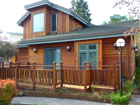 Redwood house with new preservative Redwood House, Green Ranch, Redwood Siding, Cabin Tiny House, Window Trim Exterior, Getaway Cabins, Surf Shack, Wood House, Prefabricated Houses