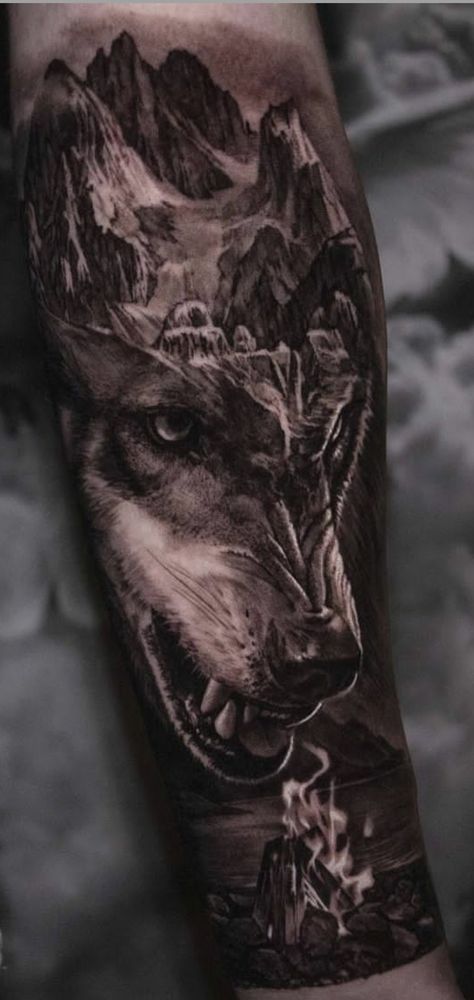 Best Realism Tattoo, Mountain Sleeve Tattoo, Wolf Tattoos Men, Animal Sleeve Tattoo, Raven And Wolf, Lion Tattoo Sleeves, Wolf Tattoo Sleeve, Warrior Tattoos, Tattoo Cover-up