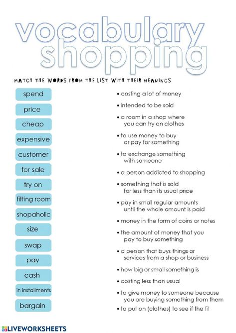 Esl Vocabulary Worksheets, Shopping Vocabulary English, Vocabulary Words Worksheet, Shopping Activities, Vocabulary Exercises, Vocabulary Quiz, English Teaching Resources, Esl Vocabulary, English Grammar Worksheets