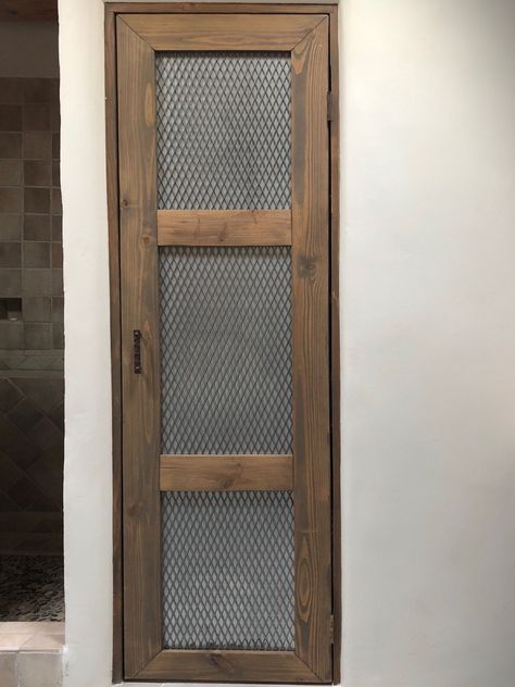 Pine wood perimeter frame with galvanized/expanded metal insert Linen Closet Doors, Hallway Linen Closet, Linen Closet Door, Closet Door Alternative, Small Closet Door Ideas, Door Alternatives, Bathroom Linen Closet, Custom Barn Doors, Door Plate