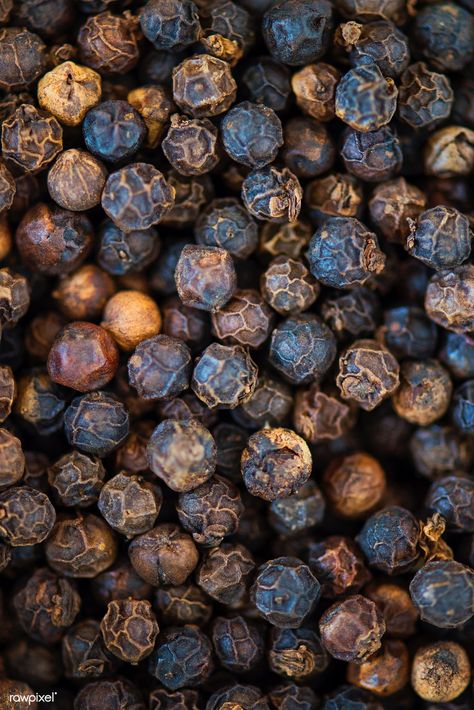 Closeup of black pepper texture | free image by rawpixel.com Spice Image, Black Pepper Essential Oil, Dried Chili Peppers, Black Pepper Oil, Green Peppercorn, Cooking Herbs, What Is Health, Asian Spices, Sweet Bell Peppers