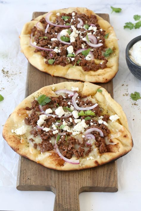 Mediterranean Diet Ground Lamb Recipes, Lamb Flatbread Recipes, Lamb Flatbread Pizza, Lamb Flatbread, Moroccan Stuffed Flatbread, Lamb Pizza, Yoghurt Flatbread, Feta Spring Flatbread, Yogurt Flatbread