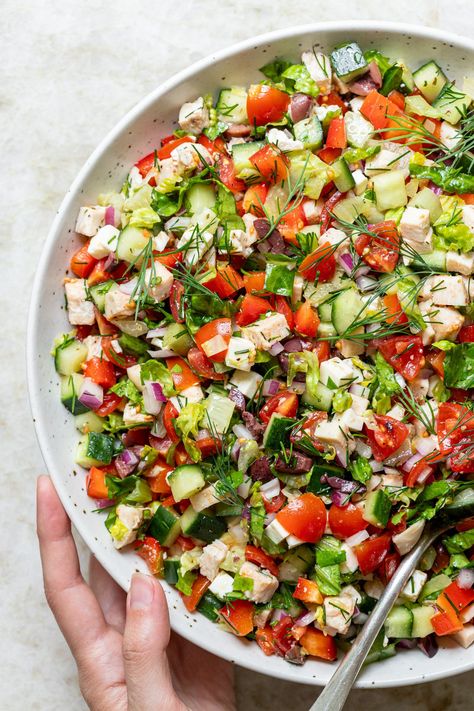 Finely Chopped Greek-Inspired Chicken Salad Chic Salad Recipes, Orzo Salad Chicken, Meal Plan Salads, Greek Salad Chopped, Simple Chopped Salad, Simple Chopped Salad Recipes, Mediterranean Chopped Salad Recipes, Mediterranean Fruit Salad, Medatrainian Salad