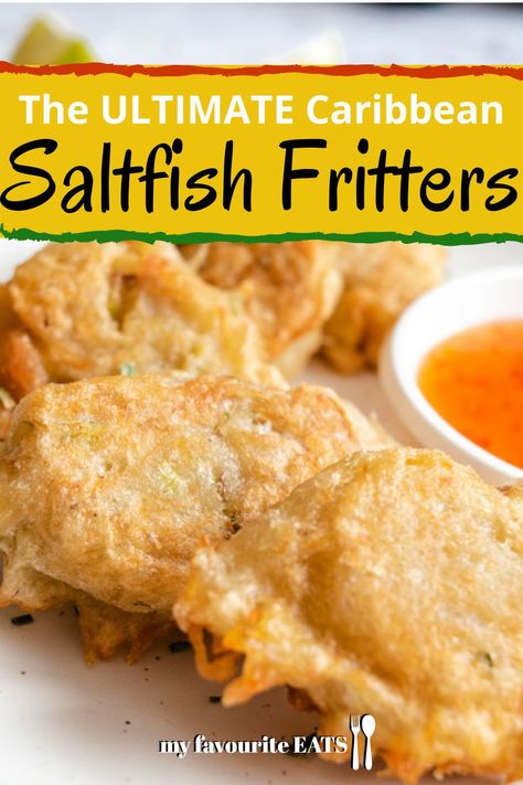 The ultimate Caribbean appetizer. These tasty crispy saltfish fritters are so full of flavour and so easy to make. Click for recipe. #appetizer #easyrecipes #jamaican #salfishfritters #saltfish Saltfish Recipes Caribbean, Jamaican Saltfish Fritters Recipe, Caribbean Appetizers, Jamaican Meals, Saltfish Fritters, Caribbean Dishes, Caribbean Foods, Jerk Chicken Recipe, Lions Den