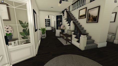 Bloxburg Inside Ideas, Detailed Bloxburg House Interior, Bloxburg Front Door Ideas Inside, Suburban Bloxburg Bedroom, Entrance Bloxburg Ideas, Bloxburg Stairway, Bloxburg Townhouse Interior, Roblox Interior Design, Minimalist House Bloxburg