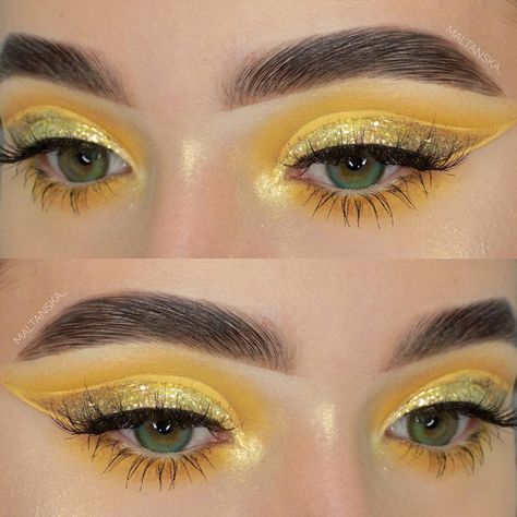 Bee Makeup, Applying Eyeshadow, Yellow Eye Makeup, Bright Eye Makeup, Yellow Makeup, Yellow Eyeshadow, Retro Makeup, Colored Contact Lenses, Circle Lenses