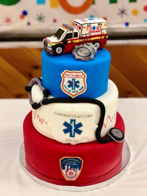 FDNY EMS retirement cake Emergency Services Cake, Paramedic Graduation Party Ideas, Paramedic Party Ideas, Firefighter Retirement Cake, Paramedic Cake, Ems Cake, Paramedic Party, Paramedic Graduation, Emt School