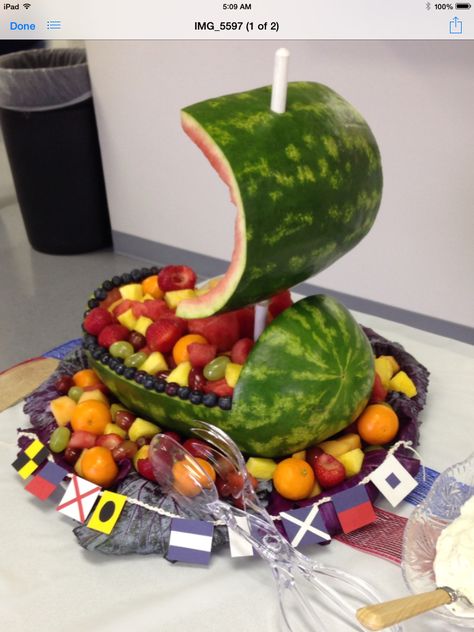 Fruit basket/tray I made for a baby shower with a nautical theme. Nautical Themed Food, Nautical Fruit Tray Ideas, Boat Themed Food, Nautical Theme Food Ideas, Boat Baby Shower Ideas, Nautical Themed Baby Shower Boy, Pirate Baby Shower Ideas, Nautical Baby Shower Ideas, Nautical Party Food