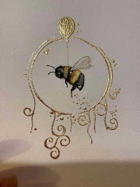 jilly henderson Gold Ink Art, Watercolor With Metallic Paint, Metalic Watercolour Painting, Metallic Watercolor Painting Ideas, Bee Art Painting, Metallic Watercolor Painting, Gold Leaf Artwork, Metal Bee, Metallic Watercolor