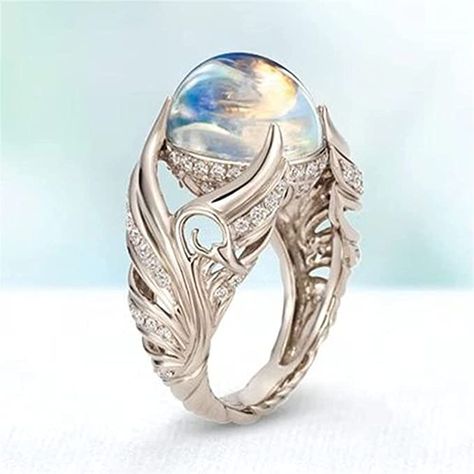 Womens Rings Unique, Moonstone Ring Sterling Silver, Unique Diamond Engagement Rings, Womens Rings Fashion, Magical Jewelry, Women's Rings, Cz Jewelry, Men's Jewelry Rings, Fantasy Jewelry