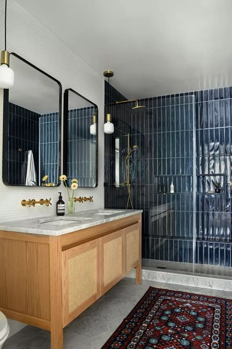 This Sunny Chelsea Loft Is a Classic Example of NYC Design Leather Dining Bench, House Of Hackney Wallpaper, Blue Bathroom Tile, Blue Tile, Nyc Design, Hamptons House, Blue Bathroom, Blue Tiles, Bathroom Renos