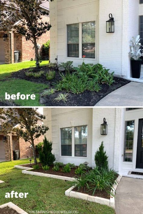 Looking for front yard landscaping inspiration, helpful tips, & design ideas? Try Landscaping Front Yard Makeover (Before & After Pictures) by thetarnishedjewelblog.com. #frontyardlandscaping #frontyard #frontyarddesign #curbappeal #landscaping #landscapingdesign #landscapingideas #landscapingmakeover #landscapingmaintenance #landscapinglife #landscapinglights #coastalfarmhouse #coastalchic #coastalfarmhousechic #coastalcottage Front Lawn Landscaping, Porch Landscaping, Small Front Yard Landscaping, Front Garden Landscape, Front Yard Garden Design, Garden Wallpaper, Easy Landscaping, Landscaping Front Yard, Front Landscaping