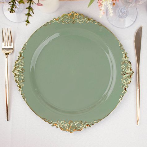 $7.99 | Introducing our decorative Disposable Plastic Dinner Plates! Made from high-quality food grade plastic material, they are sturdy and durable, yet still lightweight and easy to handle. But what really sets them apart is the elegant design and intricate metallic detailing. Perfect for weddings, catered events, and other upscale parties, our disposable plates will enhance your table settings to a whole new level of refined sophistication. Dusty Sage Green, Gold Dessert, Plastic Party Plates, Elegant Plates, Disposable Plastic Plates, Dusty Sage, Gold Baroque, Baroque Design, Style Baroque