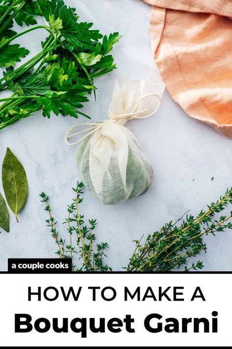 Here’s how to make a bouquet garni! This French technique makes a bundle of herbs to flavor soups, stews and more. Pop over to our site for the recipe! | herb recipes | cooking basics | French Recipes Dinner, Herb Bouquet, Make A Bouquet, Dessert Recipes Cookies, A Couple Cooks, Vegan Recipes Plant Based, Bouquet Garni, Couple Cooking, Herb Recipes