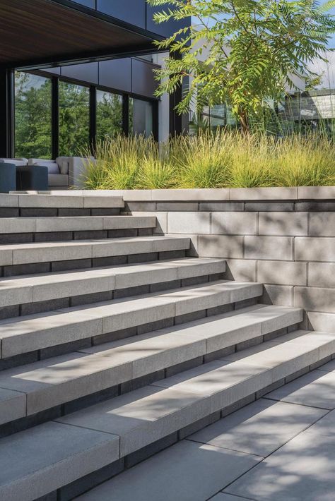 If you’re looking to freshen up the look of your patio, garden, or front entrance, stone steps could be an easy way to update your space. Check out these 7 ways to incorporate stone steps in your next landscaping project! Grand Front Porch Steps, Front Steps Ideas Stone, Exterior Steps Design, Concrete Steps Front Yard, Natural Stone Steps Front Door, Entry Steps Outdoor, Stairs Outside Outdoor Steps, Steps Design Outdoor, Patio Steps Down To Garden