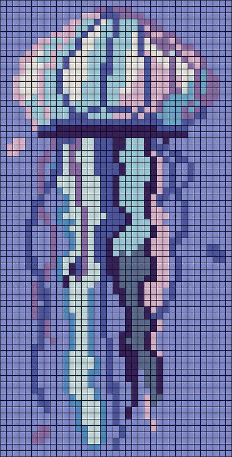 Pixel Art Pattern Jellyfish, Jellyfish Grid Pattern, Tapestry Crochet Pixel Art, Sea Perler Beads, Ocean Cross Stitch Patterns, Jellyfish Pixel Art Grid, Alpha Pattern Knitting, Jellyfish Alpha Pattern, Beautiful Pixel Art