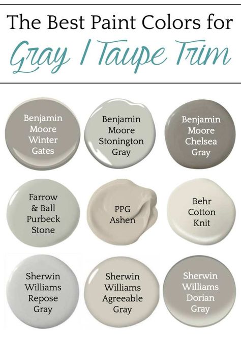 The Best Paint Colors for Gray Trim - Bless'er House Exterior Paint Trim Colors For House, Kitchen Trim Colors, Grey Trim Interior, Gray Trim Interior, Trim Colors Interior Ideas, Interior Trim Colors, Taupe Paint Colors, Interior Paint Colors Schemes, Taupe Paint